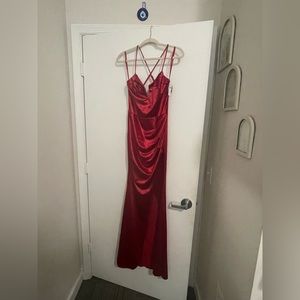 Red satin formal dress with side slit